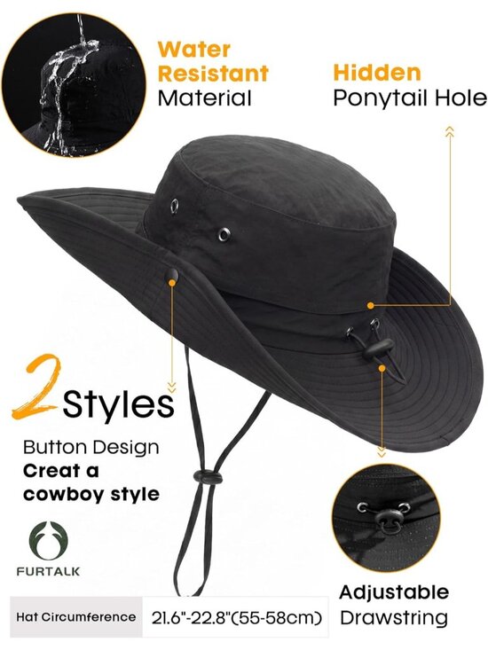 〽️Women Black Ponytail UPF 80+ Wide Brim Packable Cowboy Hat Beach Sun Hat main image 4
